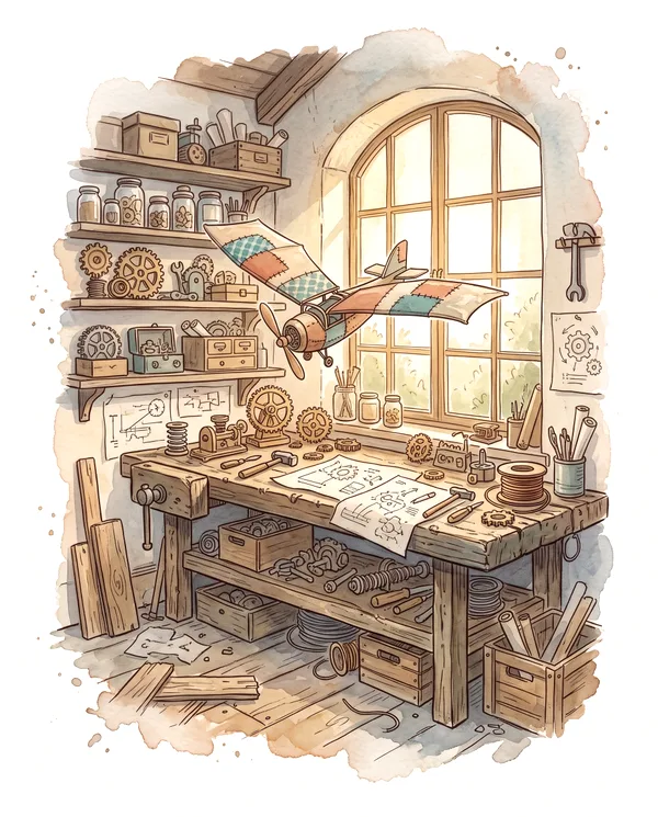 Watercolor illustration of an inventor's workshop with a workbench full of gears and plans and a patchwork flying machine by a sunny window