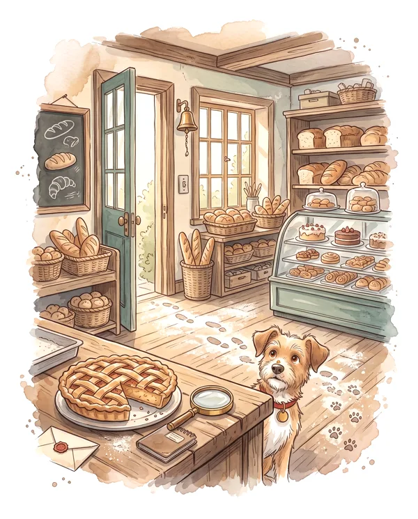 Watercolor illustration of a cozy bakery with a lattice pie missing a slice, a magnifying glass, flour footprints and a little dog looking innocent