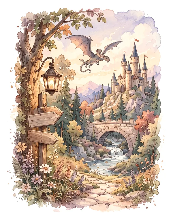 Watercolor illustration of a small dragon flying past a hilltop castle, above a stone bridge, a lantern and a signpost in an enchanted wood