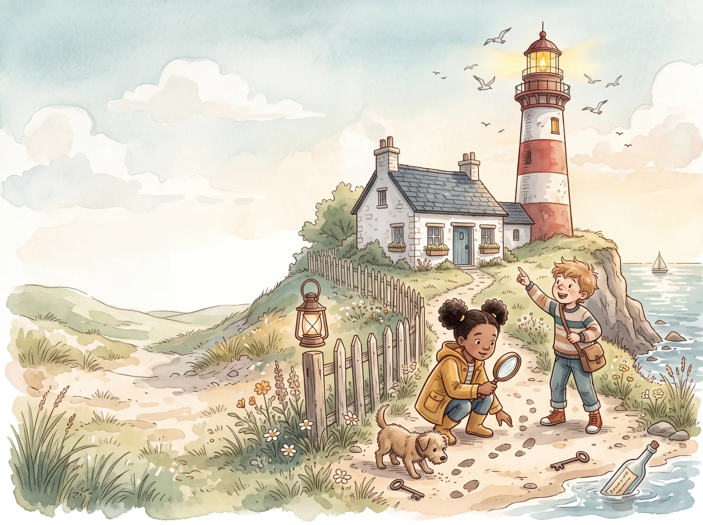 Watercolor illustration of two young detectives by a seaside lighthouse: a girl studies mysterious footprints through a magnifying glass while a boy points up at a light in the lighthouse window, with a puppy, a key and a message in a bottle nearby
