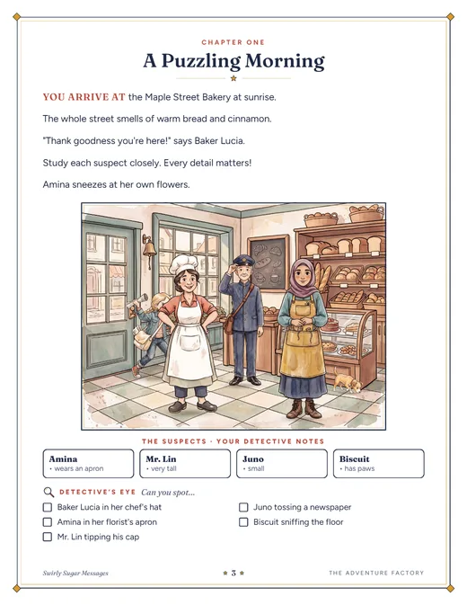 Chapter One page with an illustrated bakery scene, suspect notes and a spot-it list