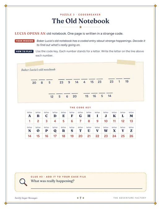 A codebreaker puzzle page with a coded note and a code key