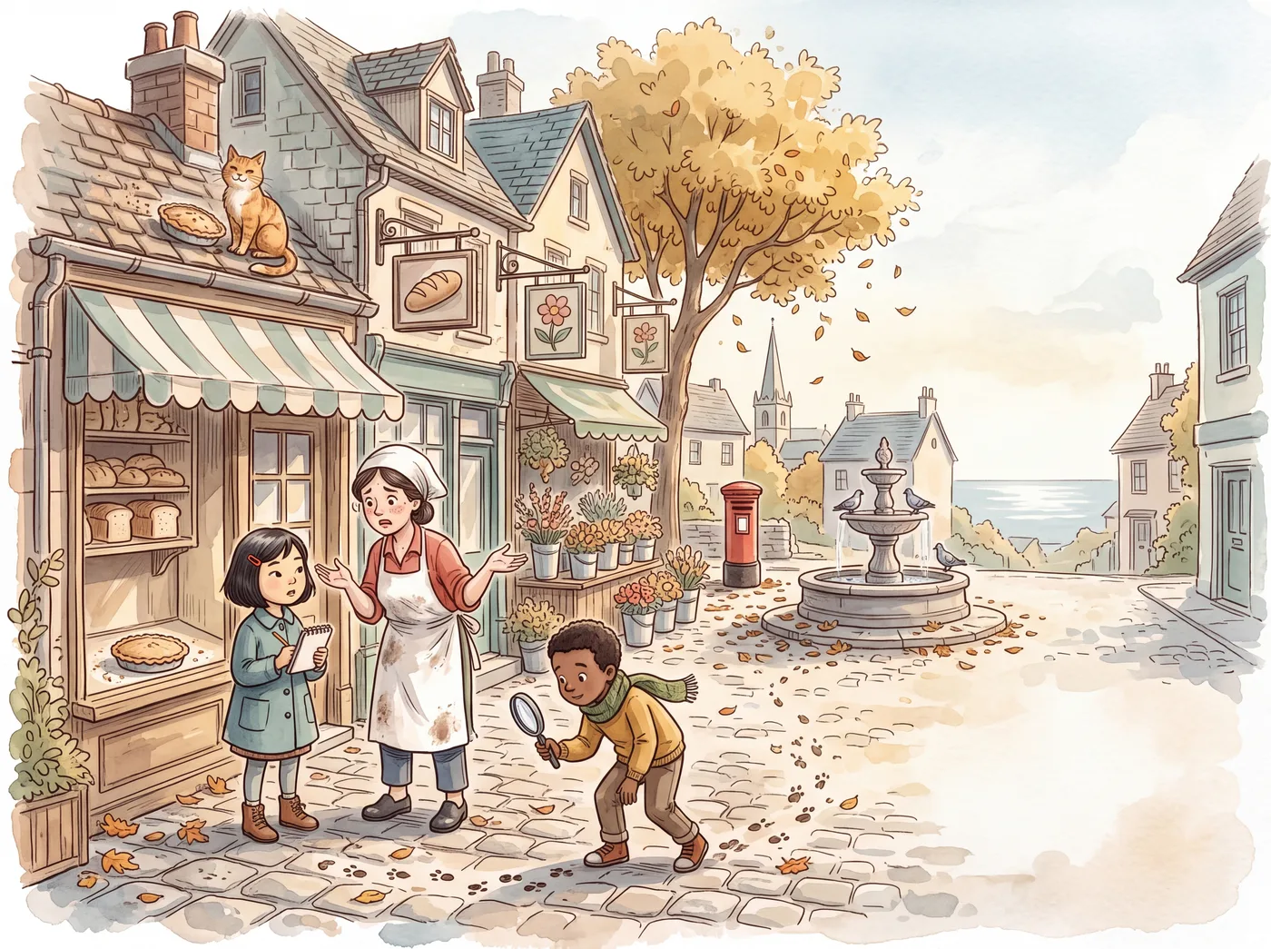 Watercolor illustration of a village square in autumn: a young detective questions a worried baker about a missing pie while another follows paw prints through the leaves, and a cat sits on the bakery roof beside the stolen pie